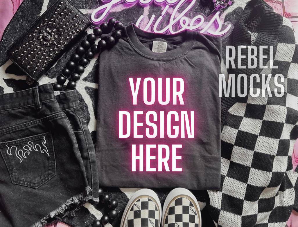 Black Tee Mock Up Flat Lay Alternative Edgy Checkered