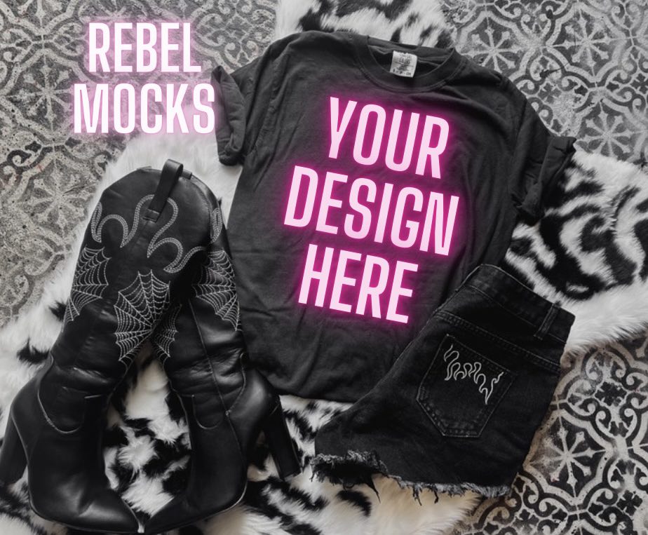 BUNDLE Edgy Trending black Tee Flat Lay Mock Up Boots 2 Mocks