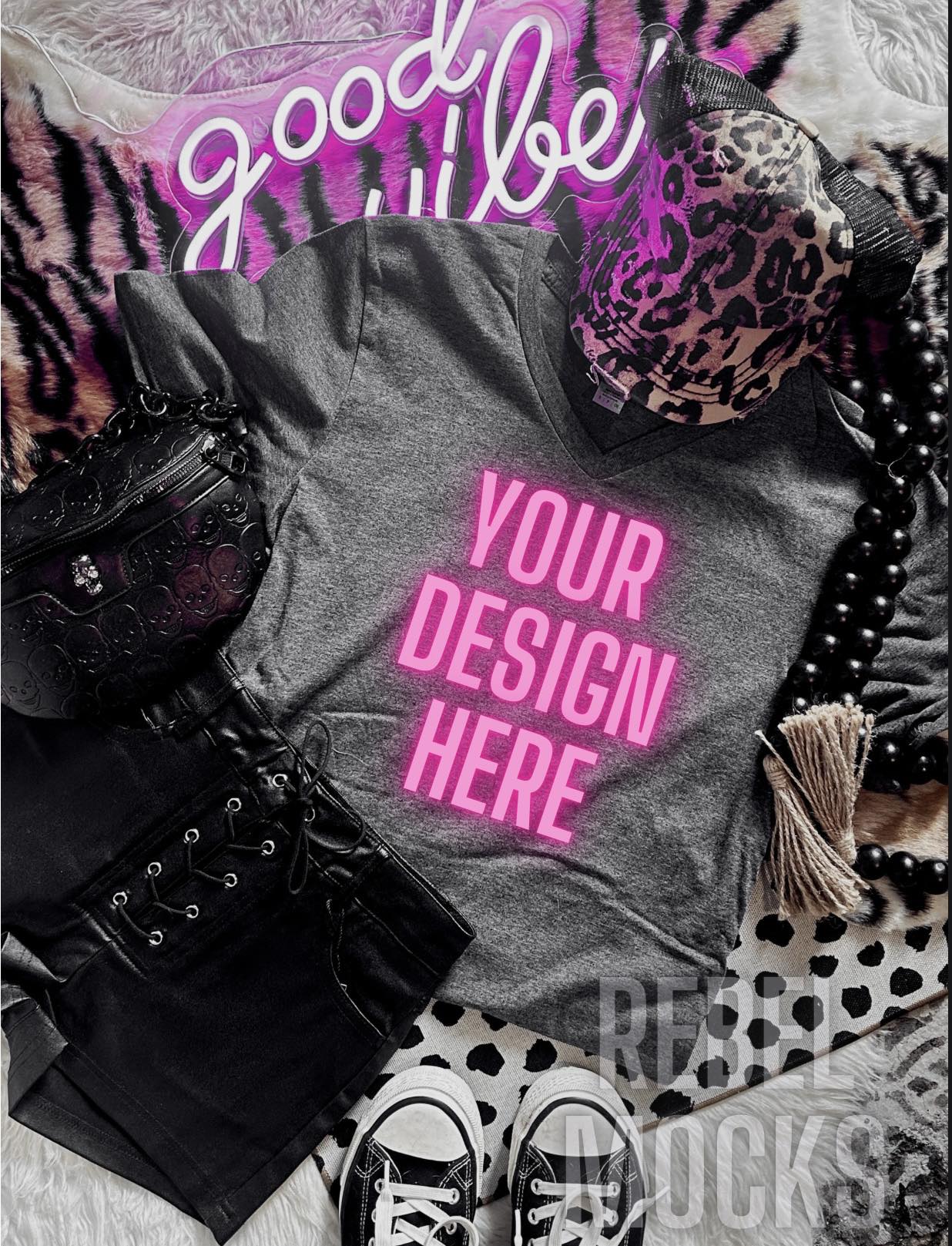 Gildan Vneck Dark Heather Alternative Mock Up flat lay