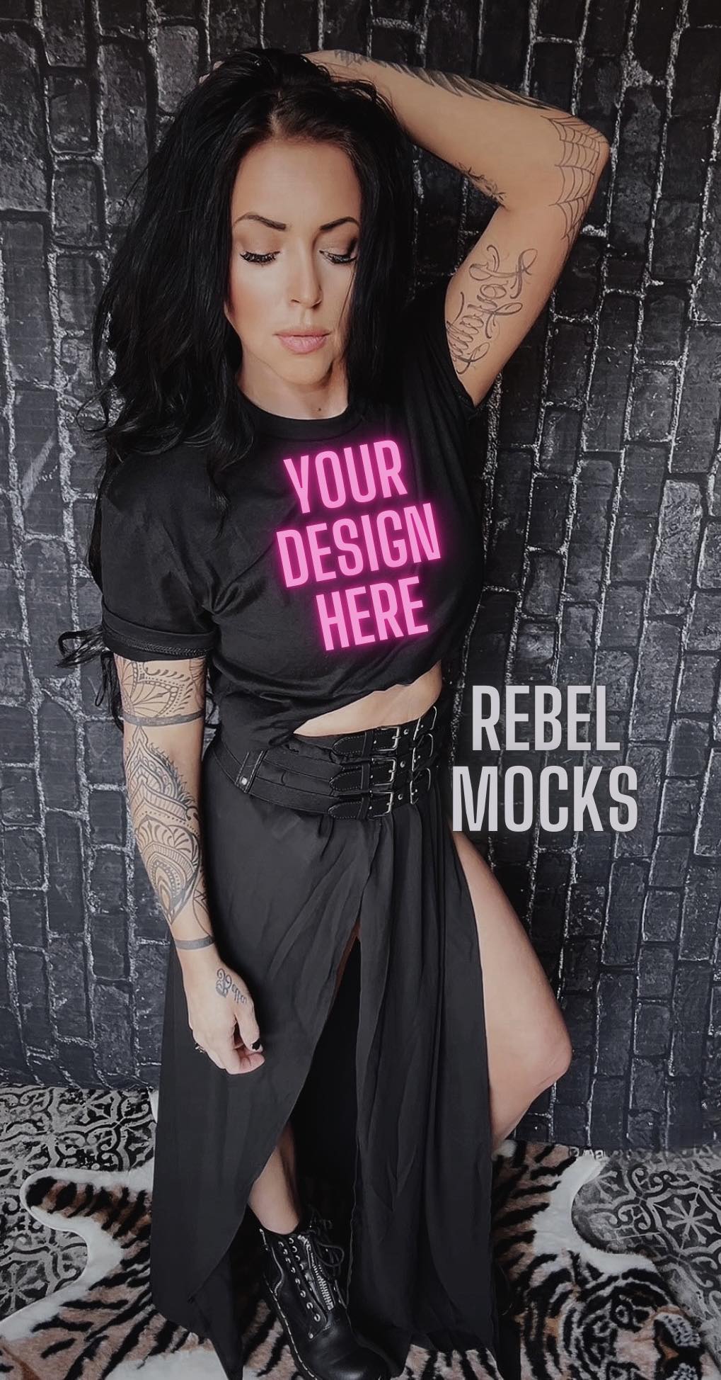 MOODY BUNDLE MODEL MOCK DARK EDGY Black Tee Mock Up
