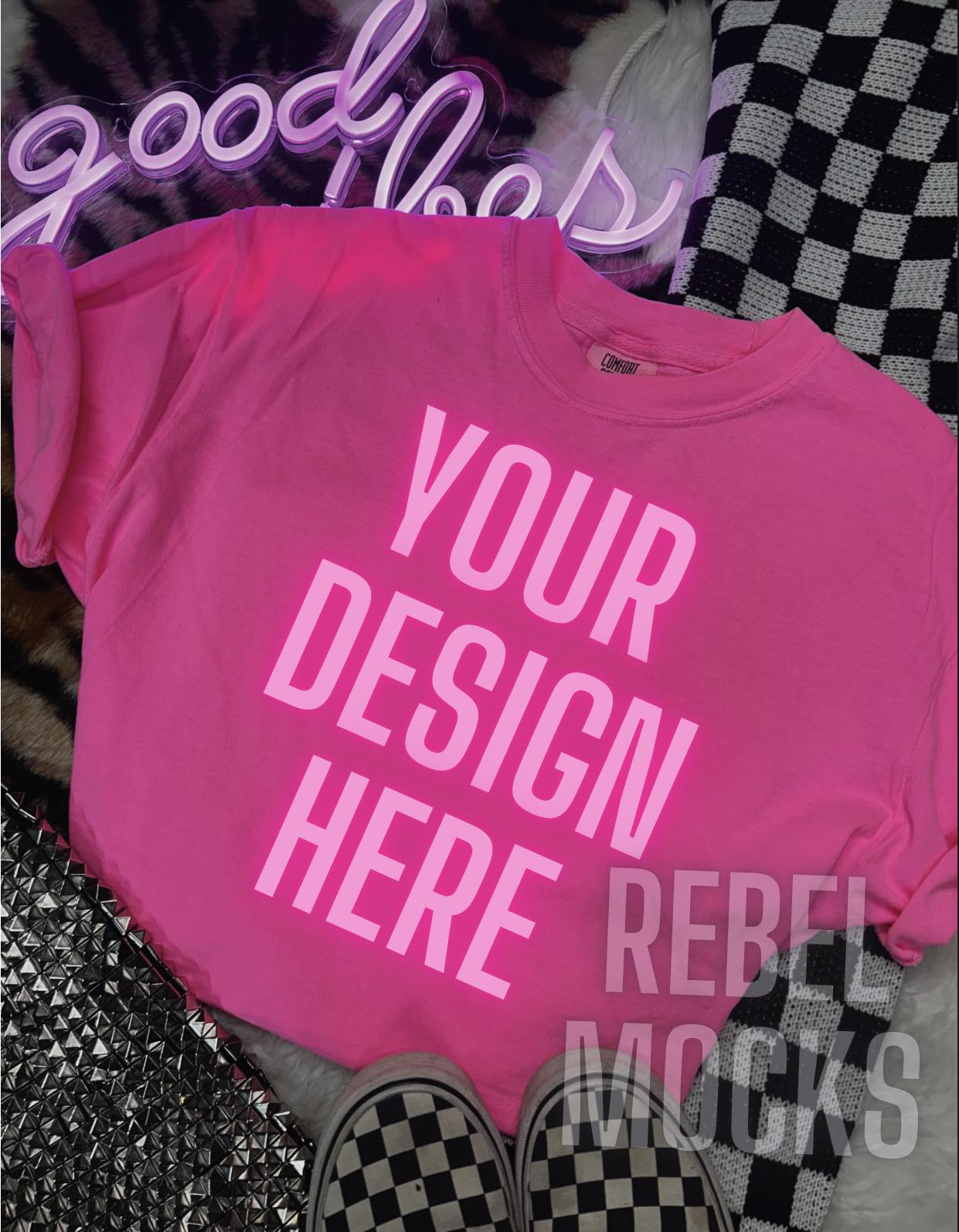 Neon Pink Comfort Colors Flat Lay Mock Up