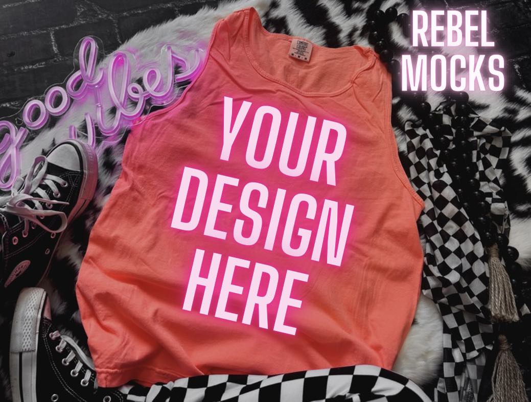 Comfort Colors Tank Neon Red Orange Mock Up flat lay