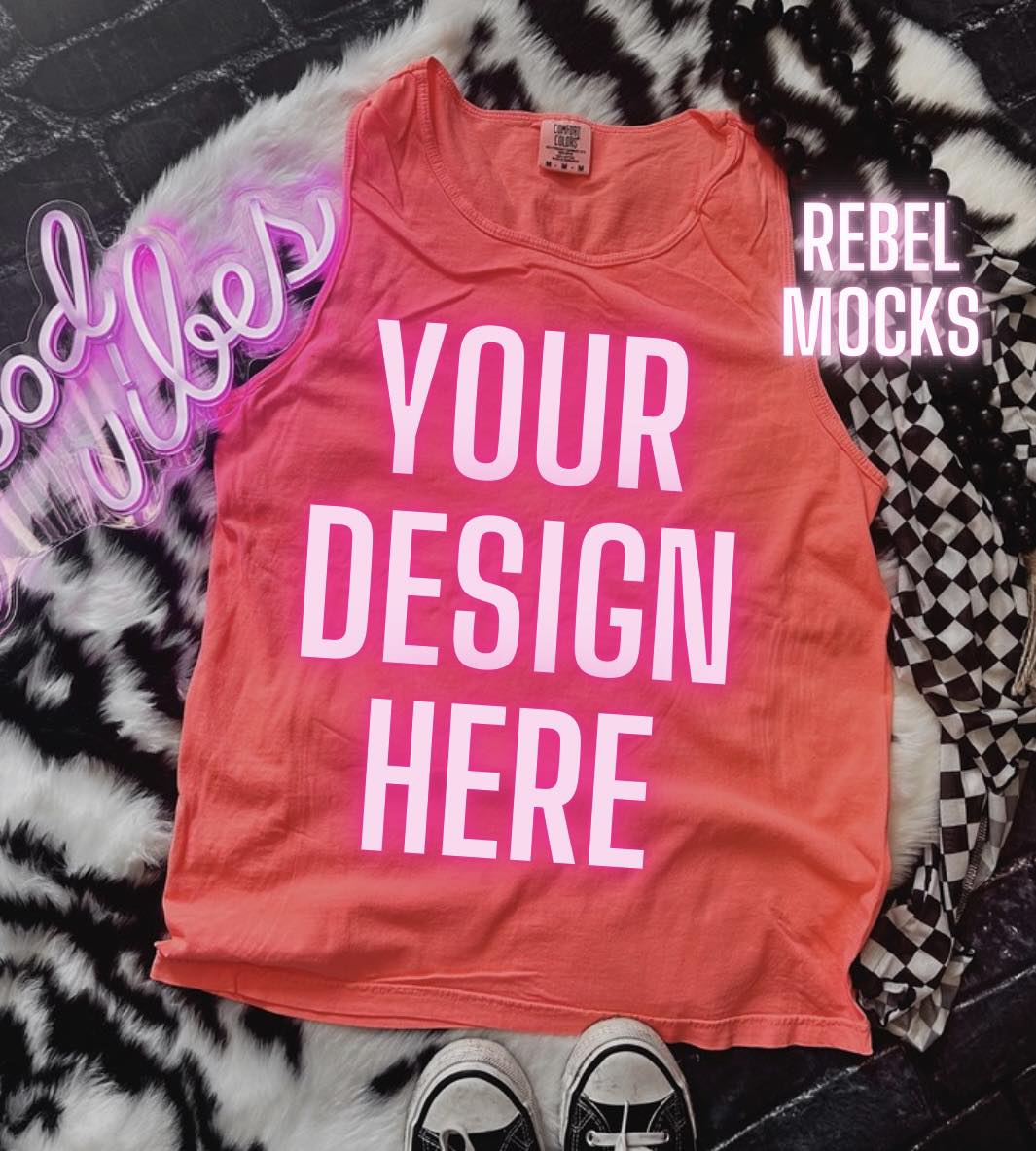 Comfort Colors Tank Neon Red Orange Mock Up flat lay