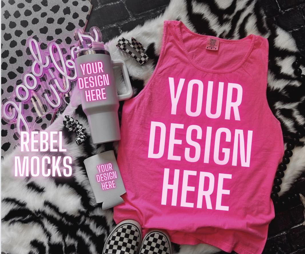 Comfort Colors Tank Neon PINK Mock Up flat lay Cup and Koozie