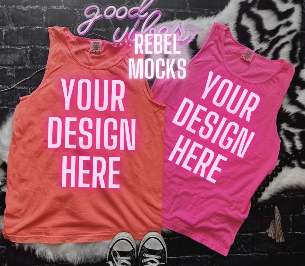 Comfort Colors Tank Neon PINK and Neon Red Orange Mock Up flat lay