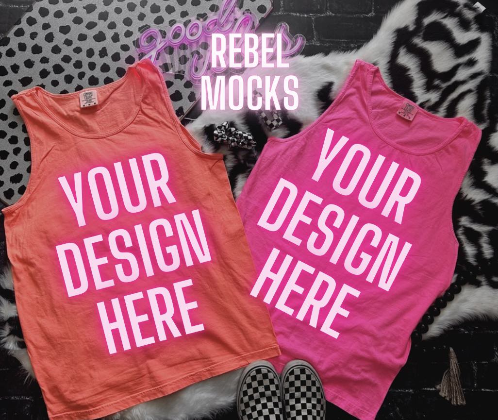 Comfort Colors Tank Neon PINK and Neon Red Orange Mock Up flat lay