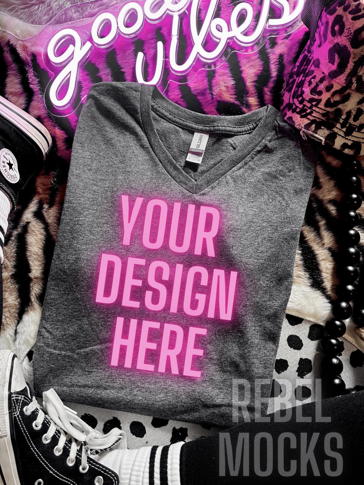 Bundle 4 mocks Gildan Vneck Dark Heather Alternative Mock Up flat lay