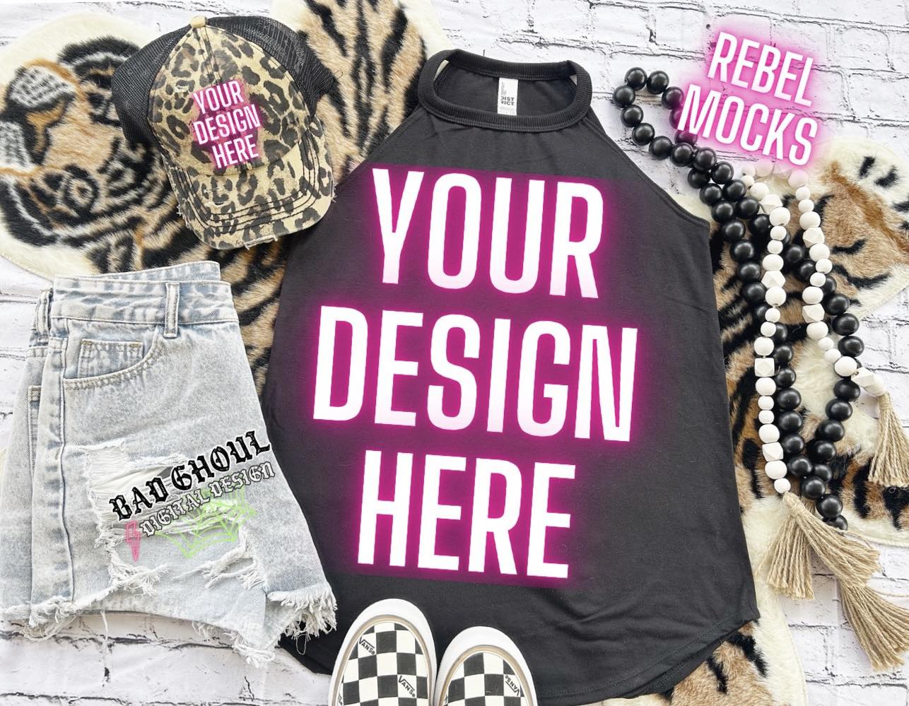 Black Frost Tri Rocker Tank and hat Flat Lay Mock Up TRENDING