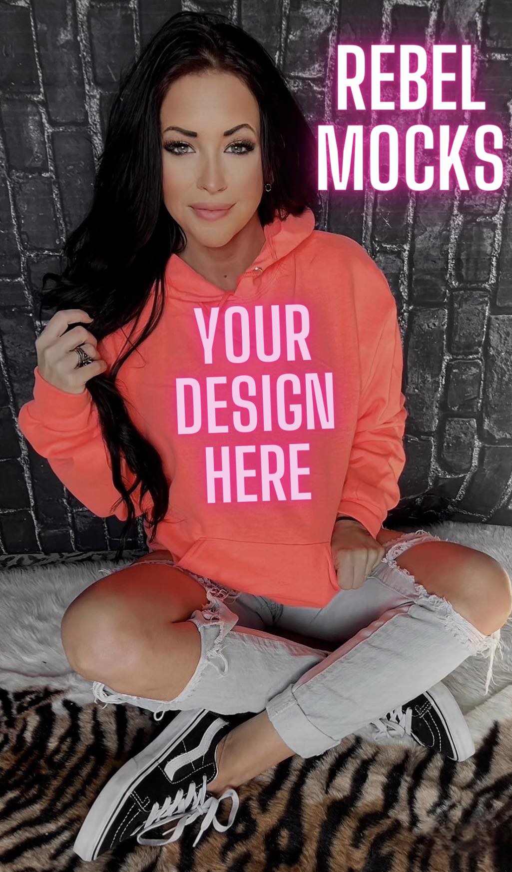 BUNDLE 3 MOCK Retro Heather Coral Hoodie Edgy Trendy flat lay and IRL Mockup
