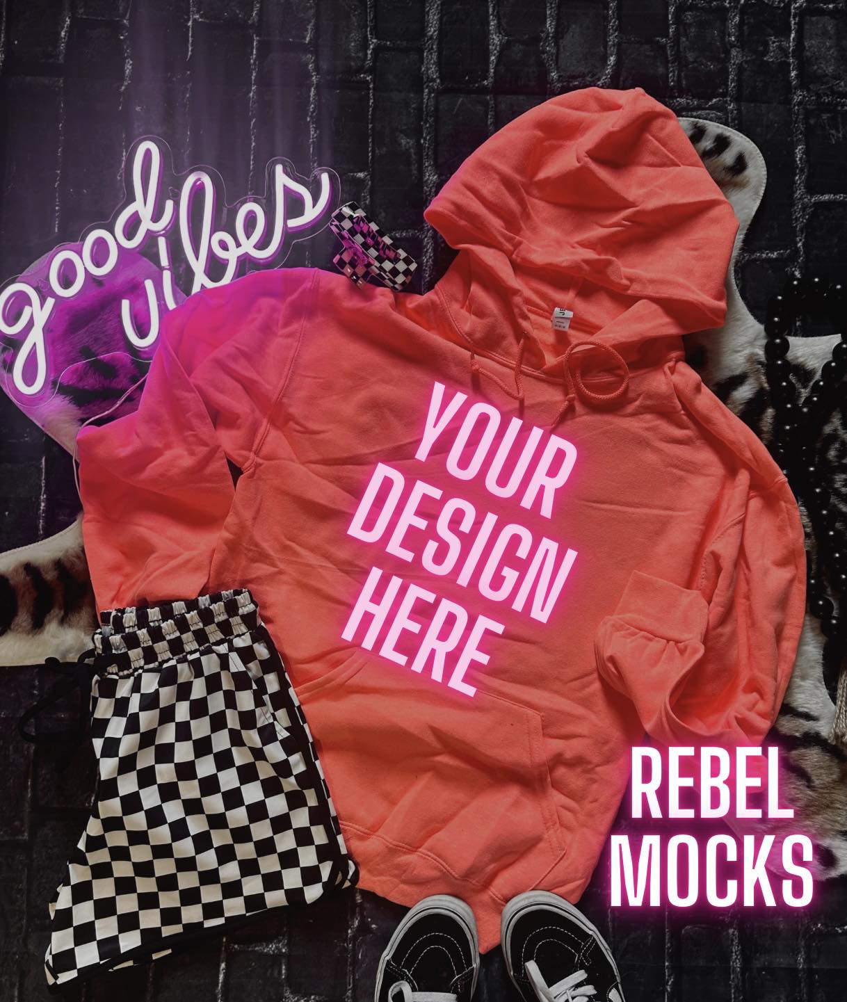 BUNDLE 3 MOCK Retro Heather Coral Hoodie Edgy Trendy flat lay and IRL Mockup