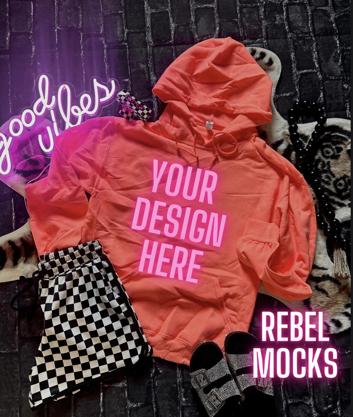 Retro Heather Coral Hoodie Edgy Trendy flat lay Mockup
