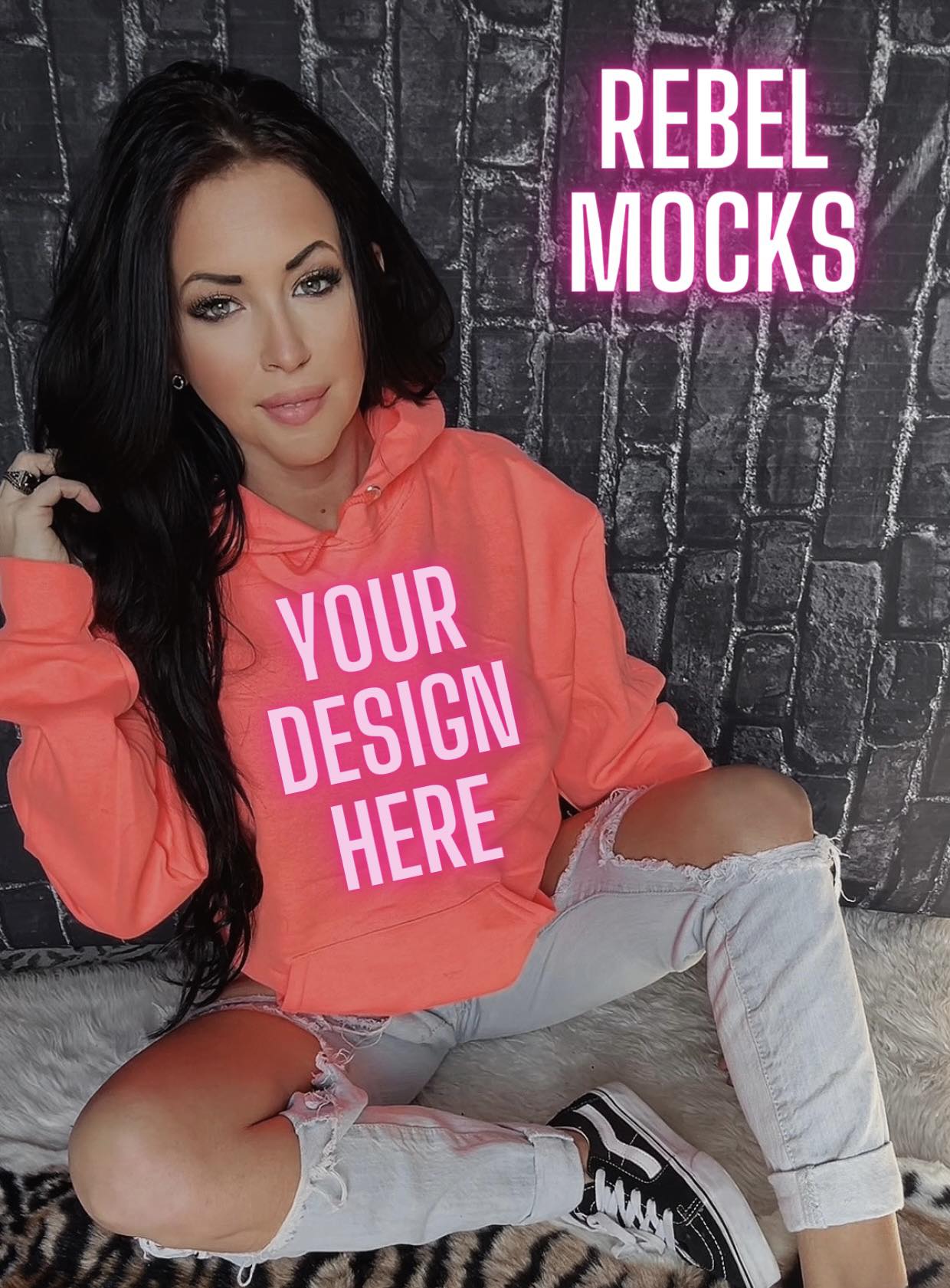 BUNDLE 3 MOCK Retro Heather Coral Hoodie Edgy Trendy flat lay and IRL Mockup