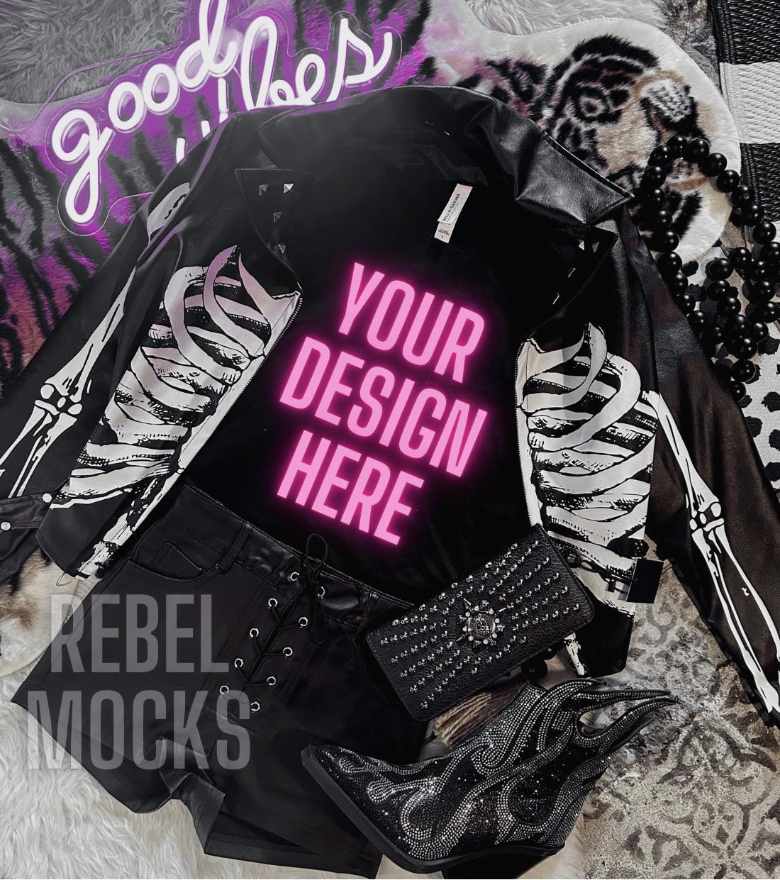 Black Tee and Leather Jacket Alternative Mock Up flat lay