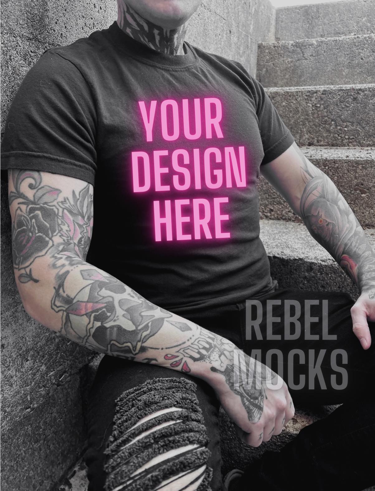 Mens Black Tee Edgy Trendy Mock Up Alternative Style