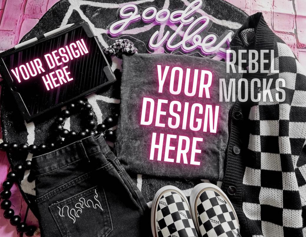 Mineral Wash tee and Ipad Flat Lay Mock Up Alternative Edgy Checkered