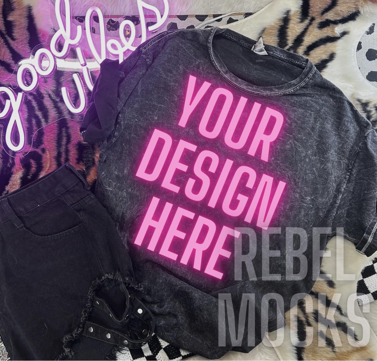 Mineral Wash Tee Flat Lay Trendy Mock Up