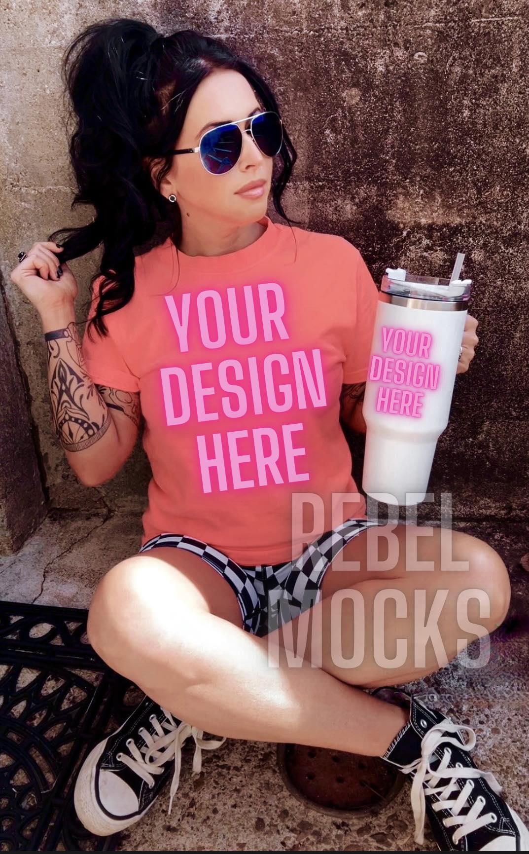 IRL Neon Red Orange Tee and cup Alternative Edgy Trendy Mock Up