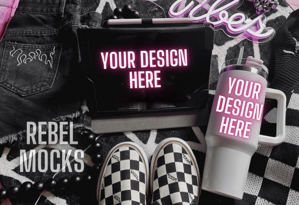 BUNDLE Black Tumbler & Ipad Mock Up IRL model Mock Alternative Edgy Checkered 3 mocks