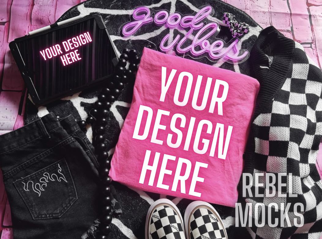 Flat Lay PINK Tee and iPad Mock Up Alternative Edgy Checkered