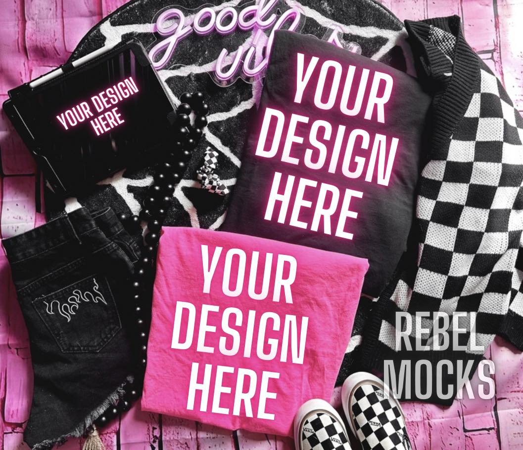 Flat Lay PINK and Black Tee and iPad Mock Up Alternative Edgy Checkered