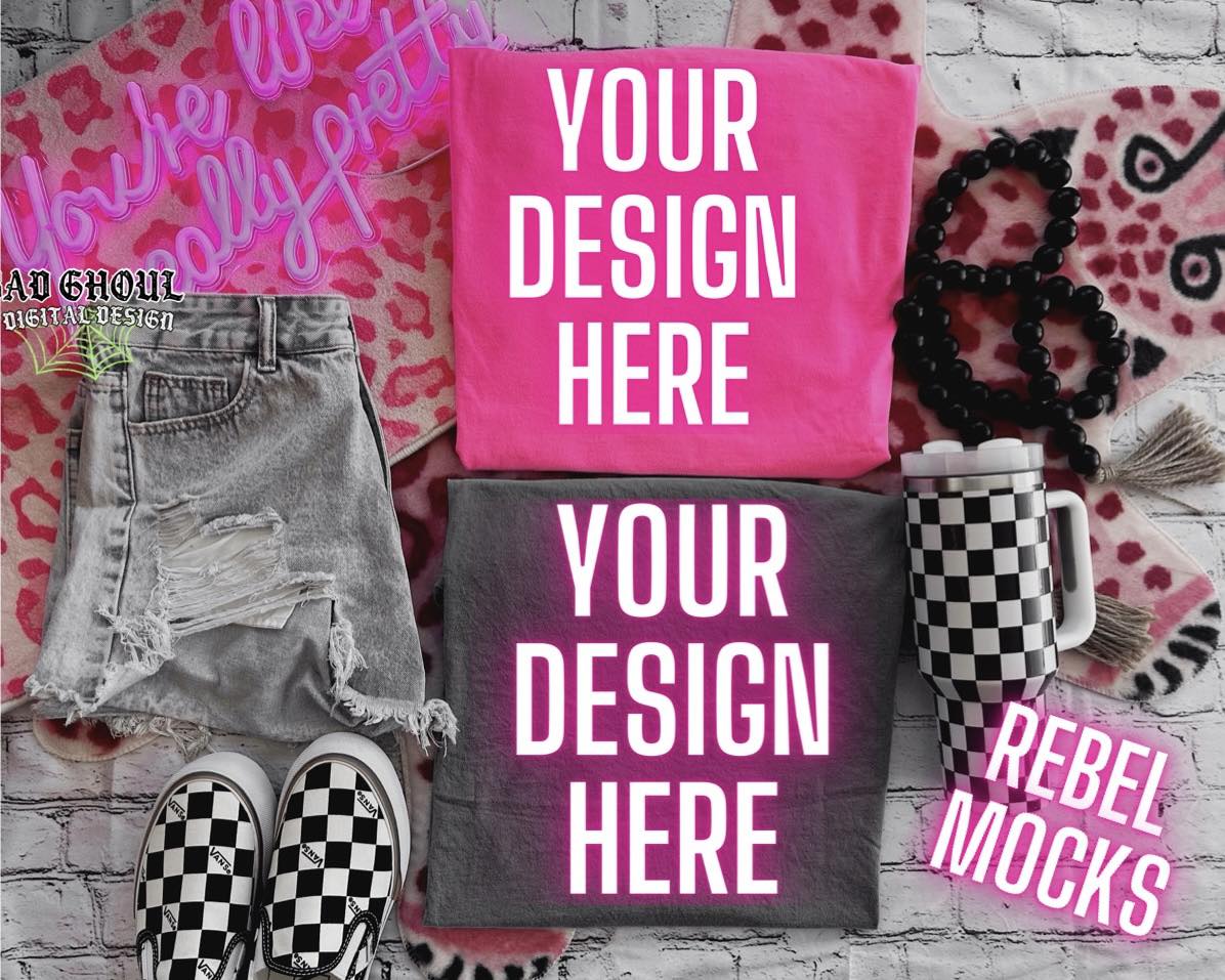 Neon PINK and Pepper CC Tee Trendy Vibez Flat Lay Mock up