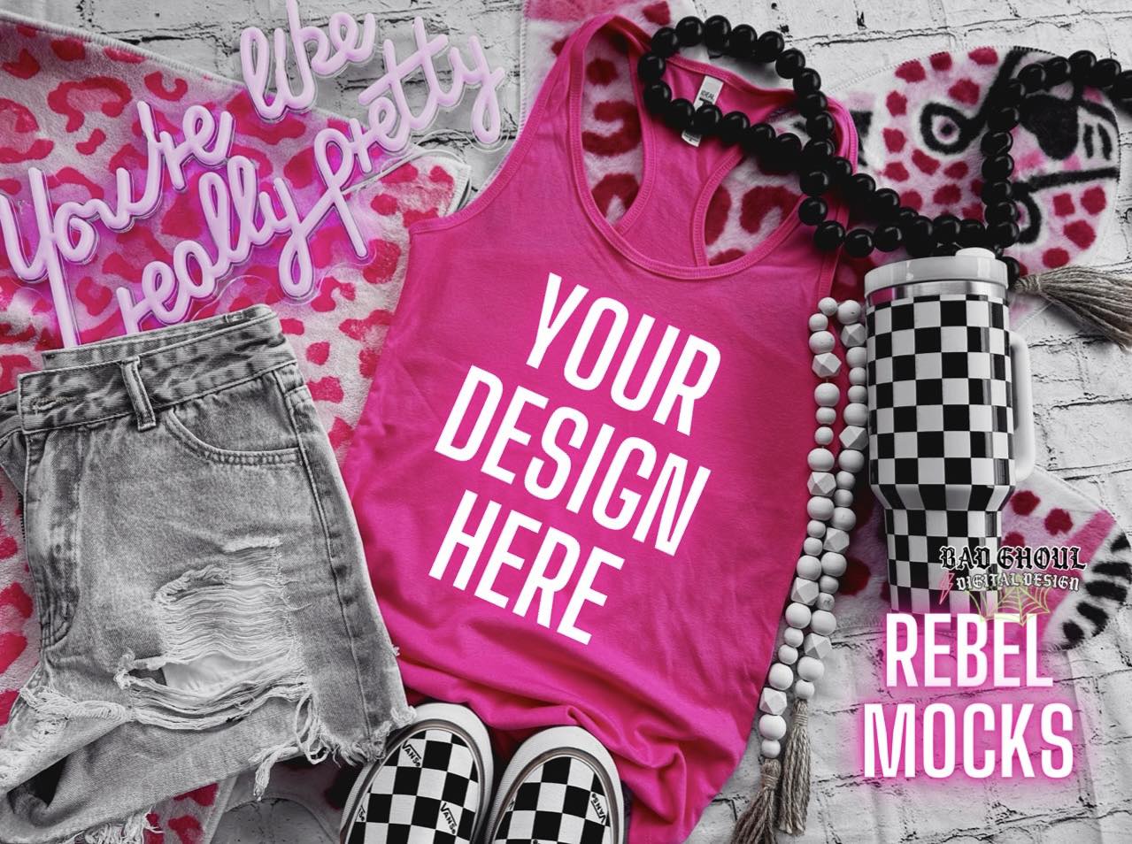 Next Level Raspberry Tank Trendy Vibez Flat Lay Mock up
