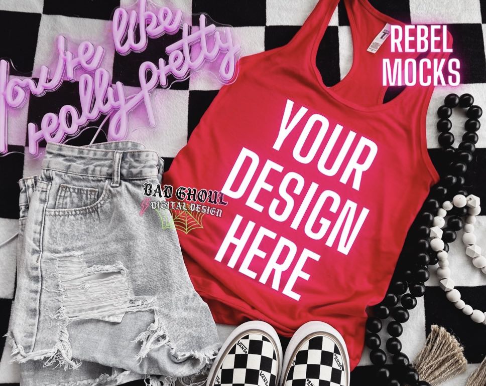 Next Level Red Tank Trendy Vibez Flat Lay Mock up