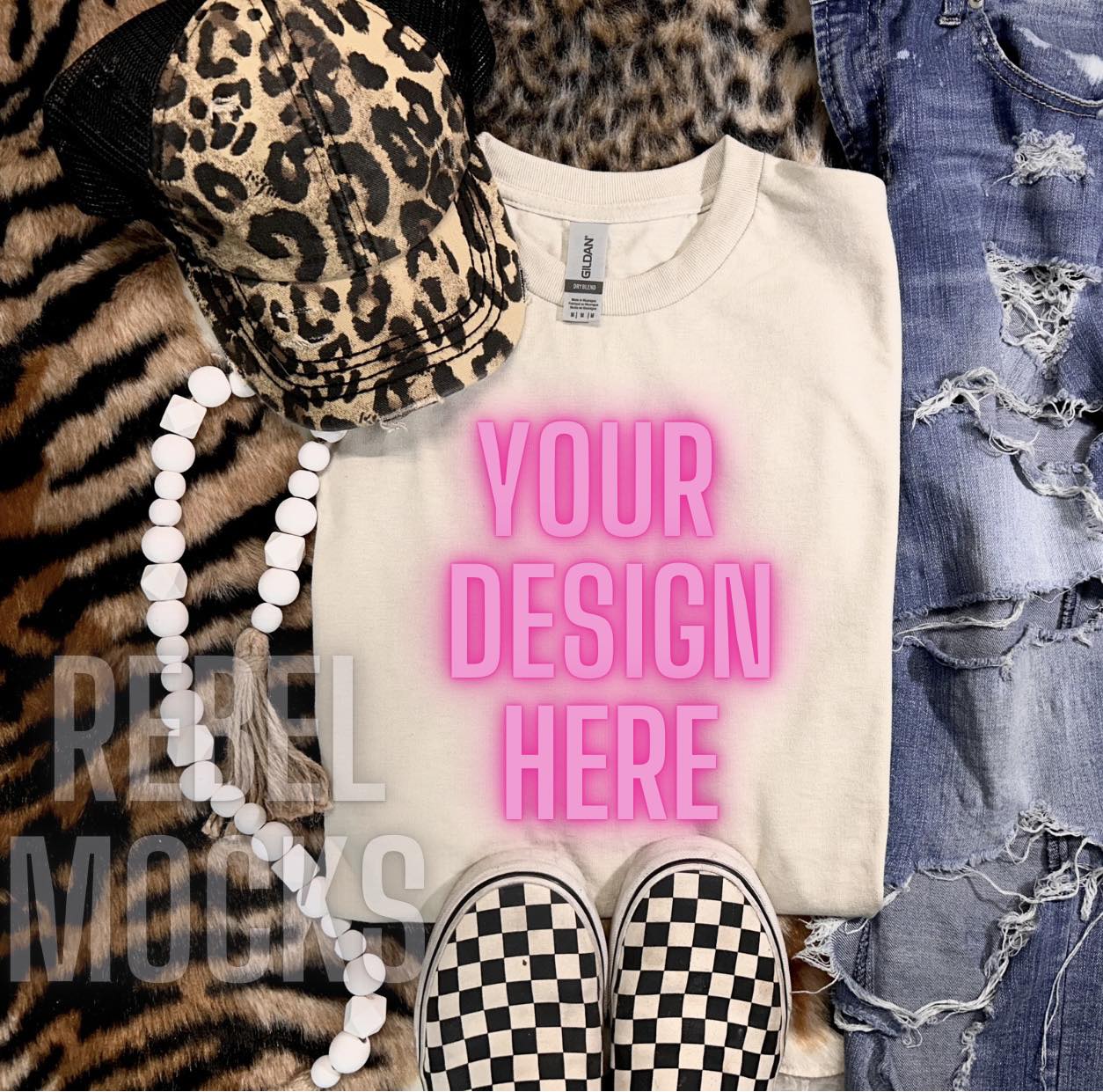 Gildan Sand Flat Lay Trendy Mock Up