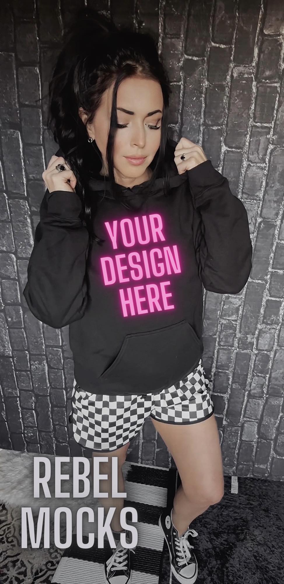 BUNDLE 3 Mocks Black Hoodie Checkered EDGY Mock Up MODEL IRL