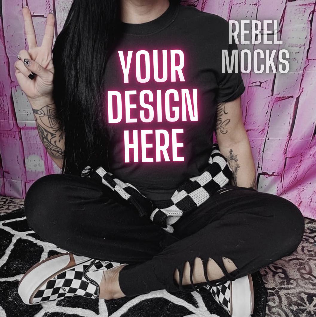 Sitting Peace Black tee Edgy Trendy IRL Model Mock Up Checkered