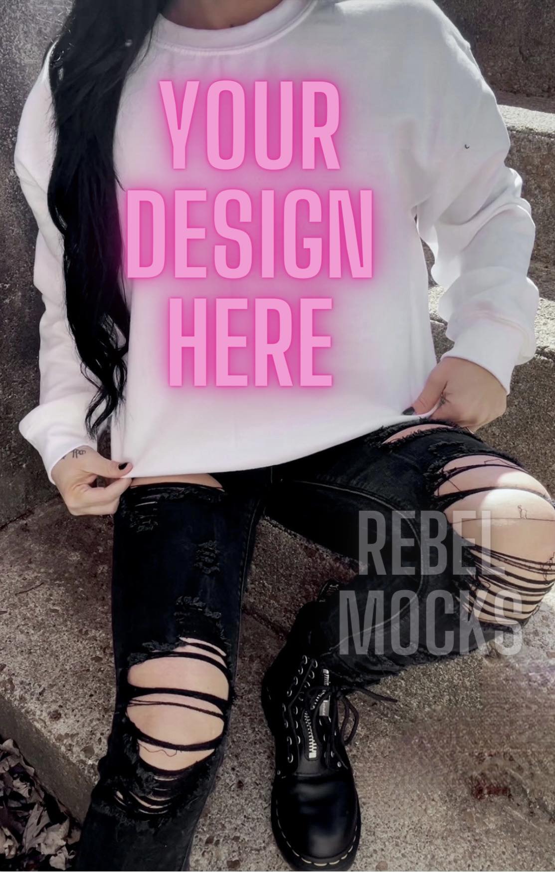 Edgy White Crew Sweatshirt Trendy Mock Up