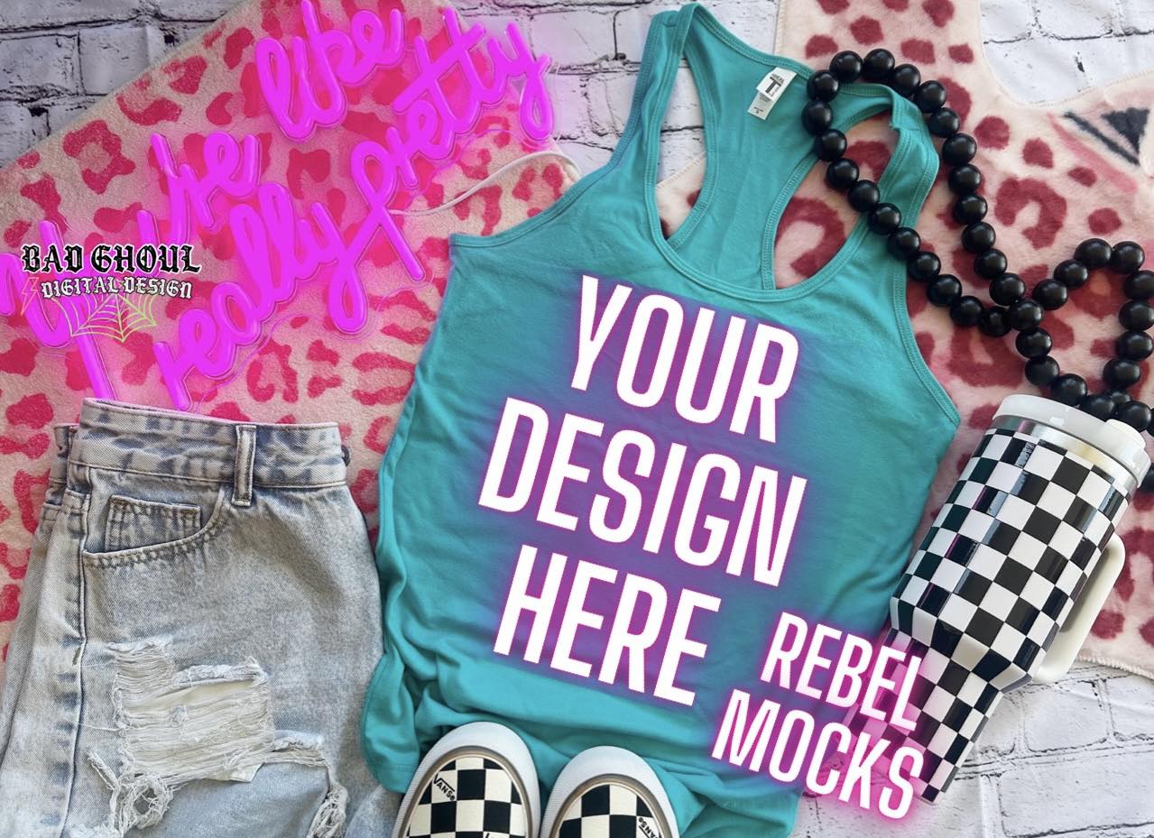 Next Level Teal Tank Trendy Vibez Flat Lay Mock Up
