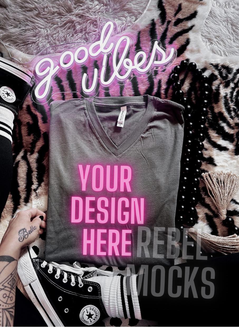 2 Mocks Bundle Bella Canvas VNeck Dark Gray Alternative Mock Up flat lay