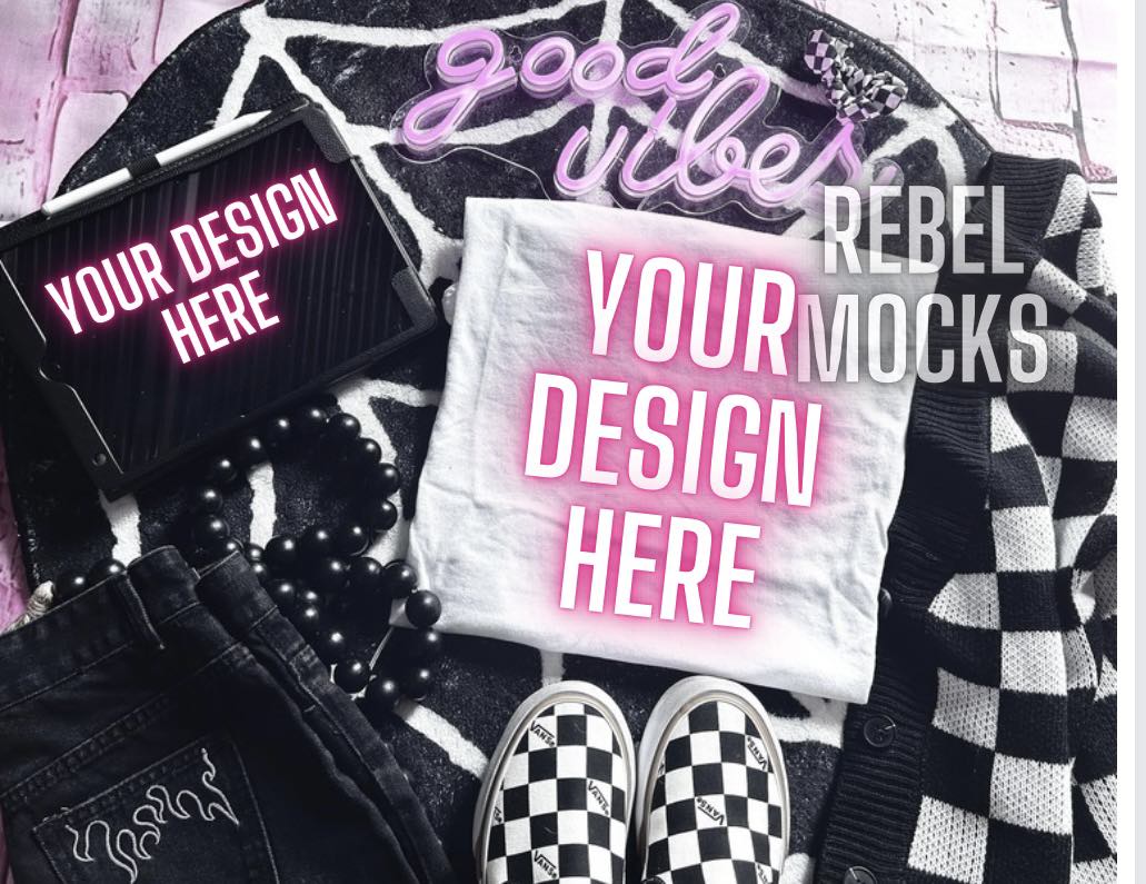 Bundle 2 MOCKS White tee and ipad Edgy Trendy Flat Lay