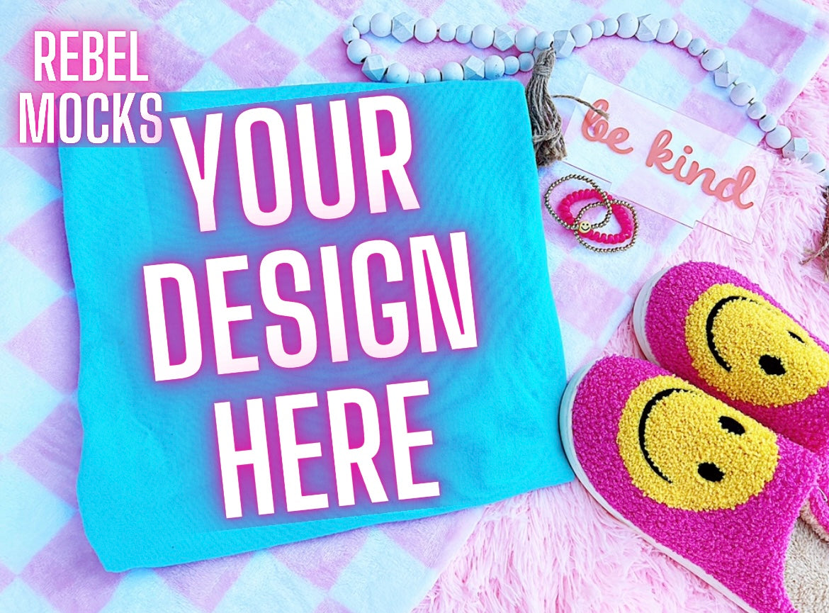 Lagoon Blue Tee Happy Vibes TRENDING Flat Lay Mock up