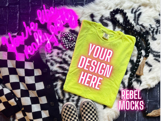 Lemon Neon Yellow Tee Flat Lay front and Back Mock Up Trendy Edgy Vibes 2 mocks