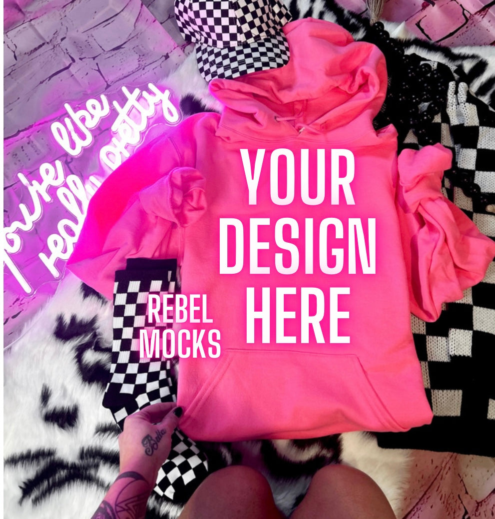 Neon Pink Hoodie Flat Lay Mock Up Trendy Edgy Vibes 2 Mocks