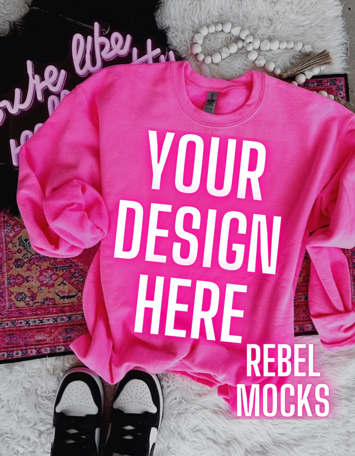 Neon Pink Crew Neck Sweatshirt Trendy flat lay Mock