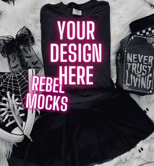 Black Tee Edgy Alt Flat Lay Mock up