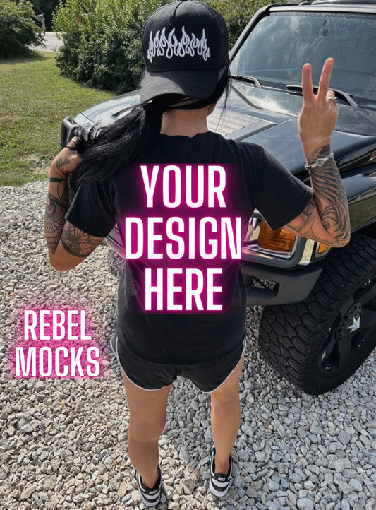 Black Back Tee IRL Model Mock Up trendy
