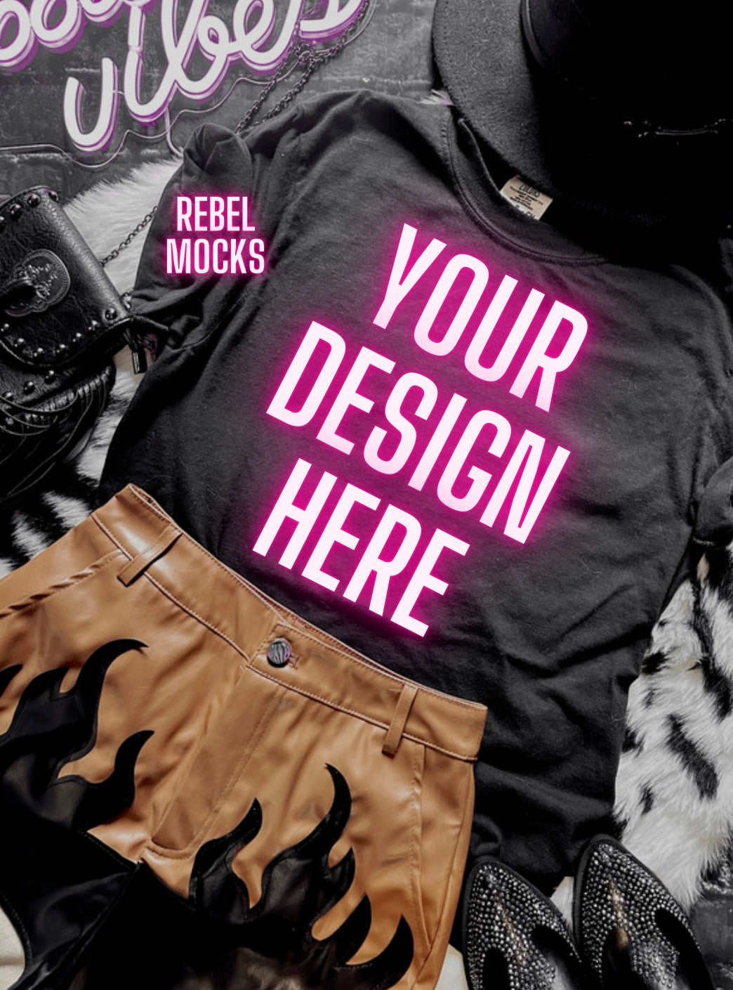 Black Tee and Shorts Mock Up Trendy Edgy Vibes Flat Lay 3 mocks