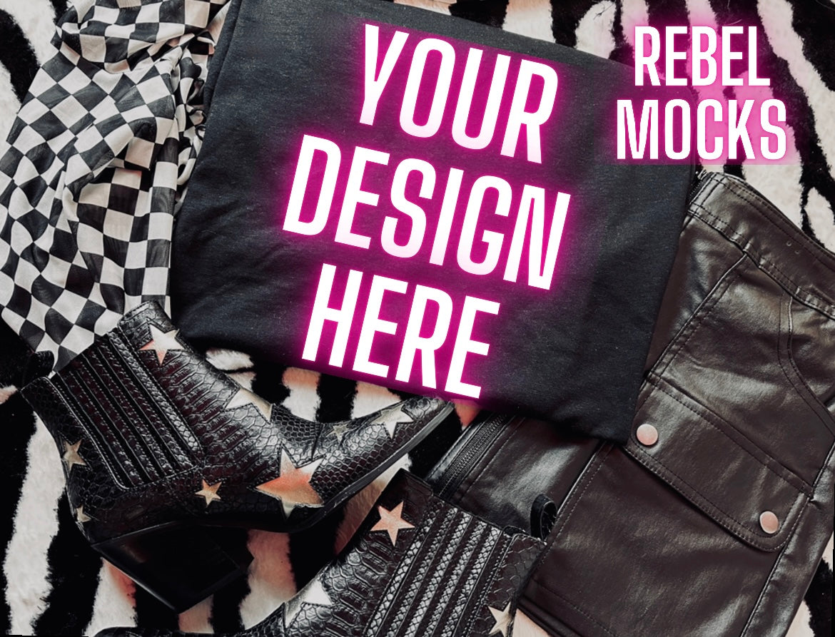 Black Tee Mock Up Trendy Grungy Edgy Vibes Flat Lay Mock Up