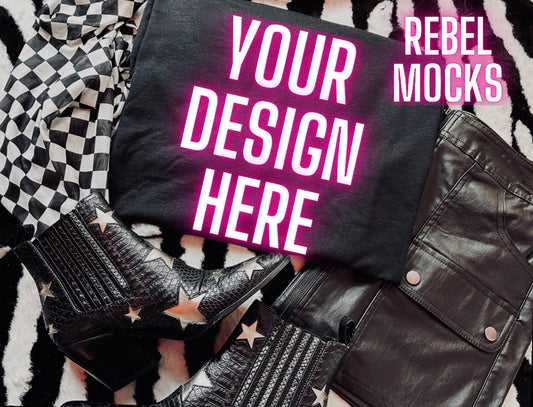 Black Tee Mock Up Trendy Grungy Edgy Vibes Flat Lay Mock Up