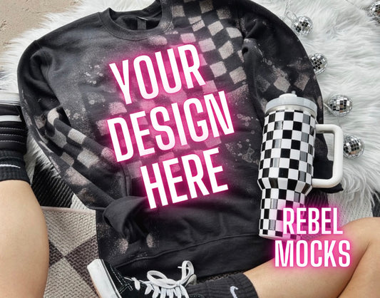 Black acid  wash Sweatshirt Edgy Alt Flat Lay Checkered Mock up