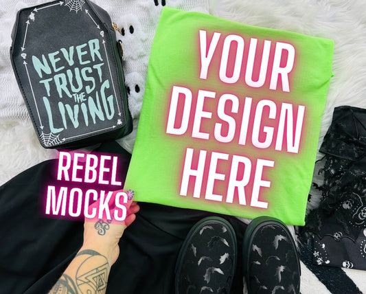Neon Green Tee Edgy Alt Flat Lay Checkered Mock up