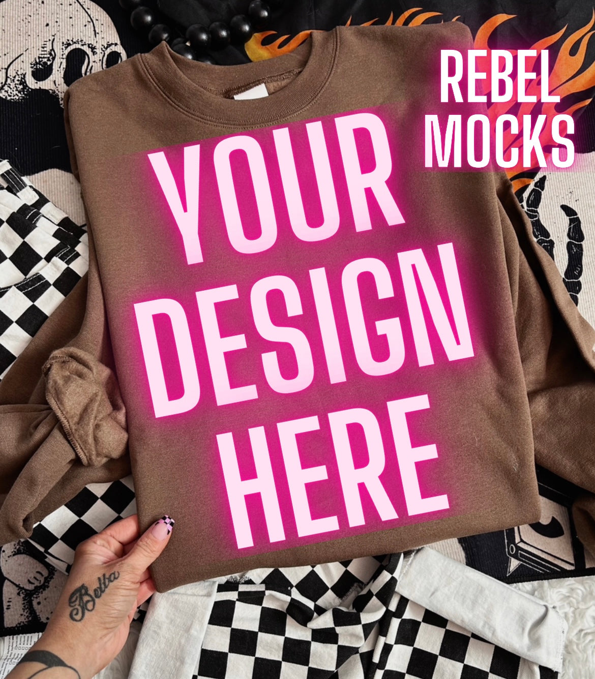 Army Brown Crewneck Sweatshirt Edgy Alt Flat Lay Checkered Mock up