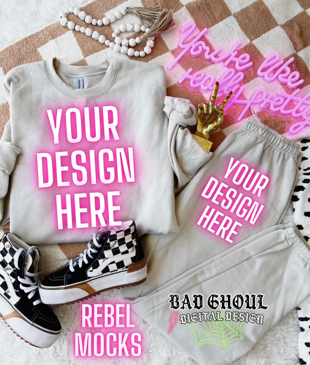 Gildan Sand Sweat Set Flat Lay Mock Up TRENDING