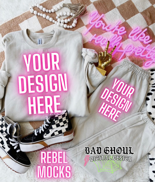 Gildan Sand Sweat Set Flat Lay Mock Up TRENDING