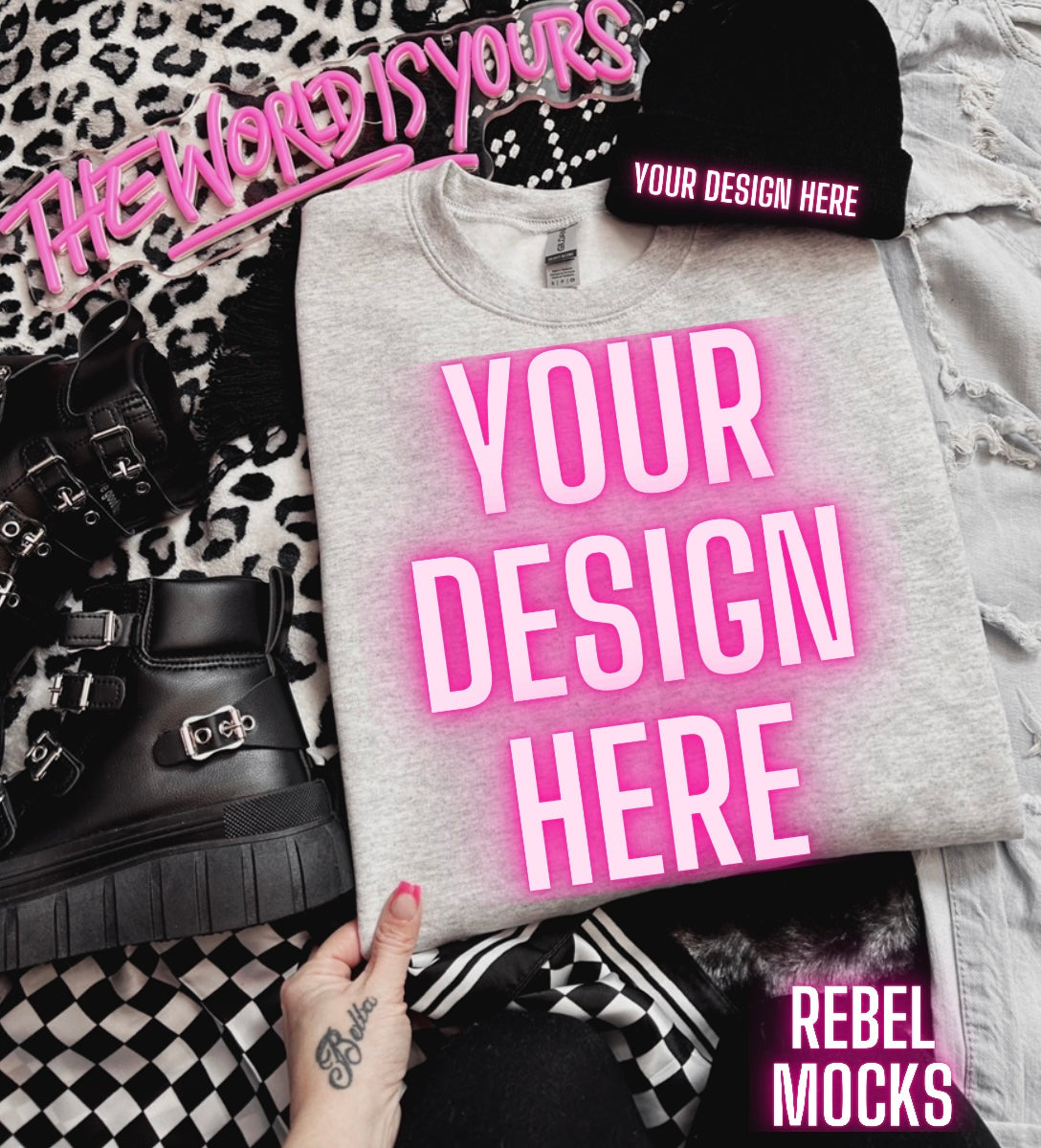 Ash Crew Neck Sweatshirt Edgy Alt Trendy Mock Up flat Lay