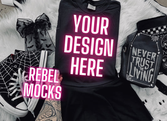 Black Tee Edgy Alt Flat Lay Mock up